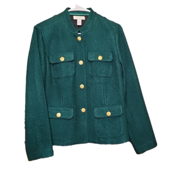 Chico's dark green blazer with gold buttons. Pockets and shoulder pads. Size 1. - Picture 3 of 5
